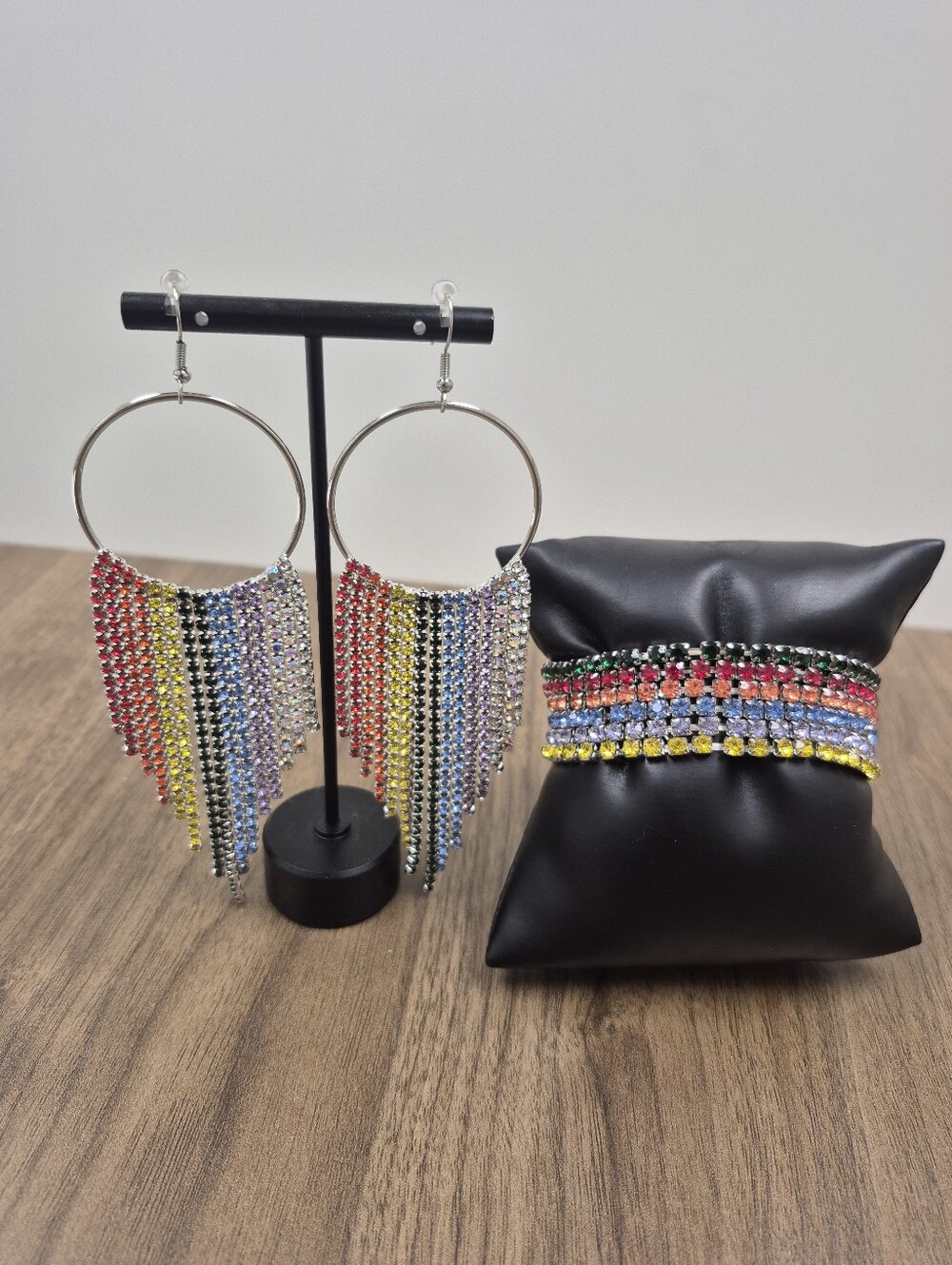paparazzi Multicolor Rhinestone Fringe Hoop Earrings and Bracelet Set